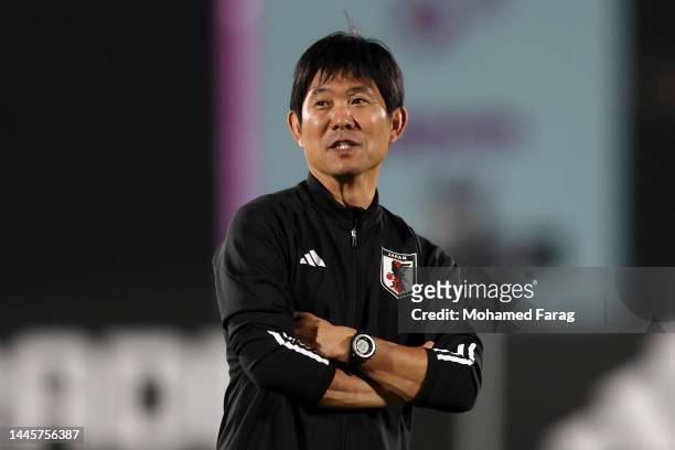 Hajime Moriyasu, Head Coach of Japan, looks on during the Japan Training Session at Al Sadd SC New Training Facilities on November 30, 2022 in Doha,...