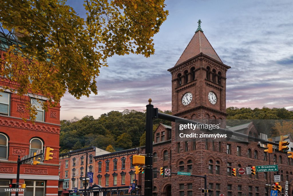 Autumn view of downtown Jim Thorpe PA with the Carbon County Courthouse building clock tower at right