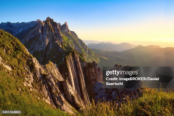 alpstein mountains with ridge in the evening light, cloudless sky over appenzellerland, canton appenzell innerrhoden, switzerland - appenzell innerrhoden stock pictures, royalty-free photos & images