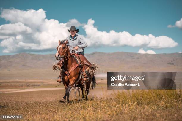 vaquero montando a caballo en la naturaleza - cowboy riding on horse fotografías e imágenes de stock