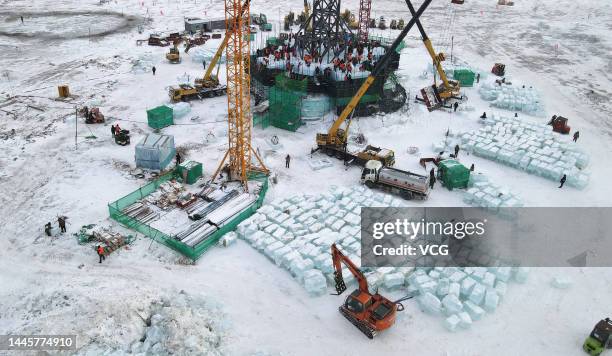 Aerial view of the construction site of the 24th Harbin Ice and Snow World on November 29, 2022 in Harbin, Heilongjiang Province of China.