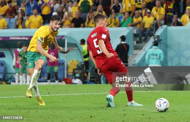 Mathew Leckie of Australia scores their team's first goal during the FIFA World Cup Qatar 2022 Group D match between Australia and Denmark at Al...