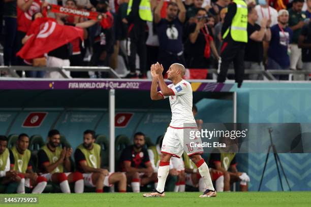 Wahbi Khazri of Tunisia celebrates after scoring their team's first goal during the FIFA World Cup Qatar 2022 Group D match between Tunisia and...