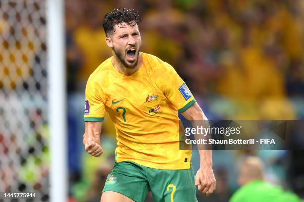 Mathew Leckie of Australia celebrates after scoring their team's first goal during the FIFA World Cup Qatar 2022 Group D match between Australia and...