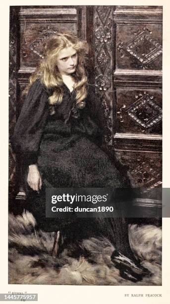 ilustrações de stock, clip art, desenhos animados e ícones de ralph peacock, ethel, portrait of a girl, dressed in black, blond hair, late victorian art - vintage dress