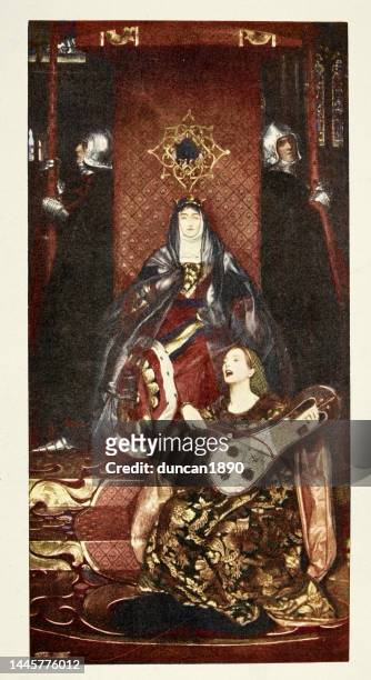 the queen of spades, sitting on throne, guarded by knight, female musician playing vielle - queen royal person 幅插畫檔、美工圖案、卡通及圖標