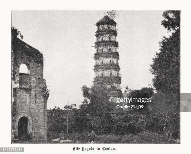 stockillustraties, clipart, cartoons en iconen met flowery pagoda, canton (guangzhou), china, halftone print, published in 1899 - pagoda