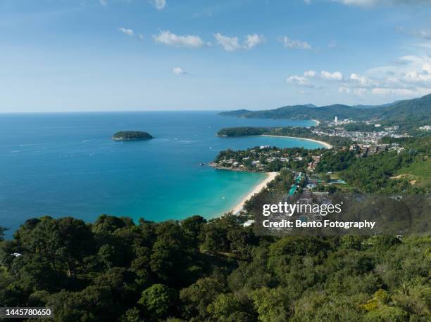 aerial view of beautiful turquoise ocean wave with boats and sandy coastline from high view point kata and karon beaches, phuket, thailand. - viewpoint stock pictures, royalty-free photos & images