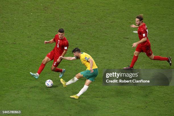 Mathew Leckie of Australia scores their team's first goal during the FIFA World Cup Qatar 2022 Group D match between Australia and Denmark at Al...
