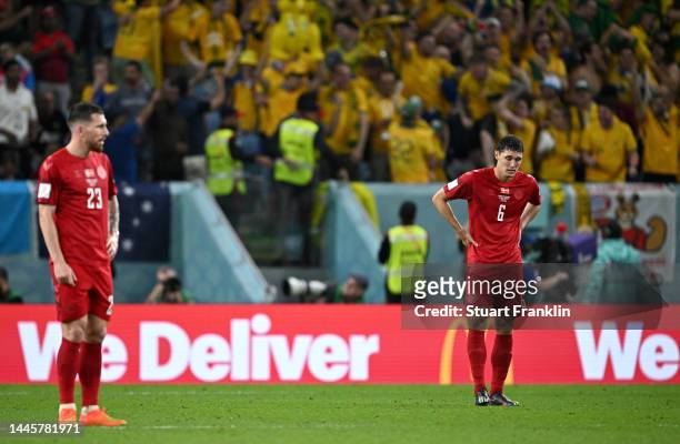 Andreas Christensen of Denmark reacts after conceding their first goal to Mathew Leckie of Australia during the FIFA World Cup Qatar 2022 Group D...