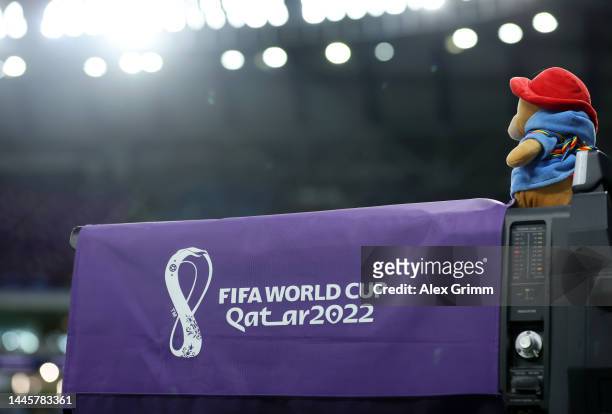 Teddy bear with rainbow laces is seen on a broadcast camera during the FIFA World Cup Qatar 2022 Group D match between Australia and Denmark at Al...