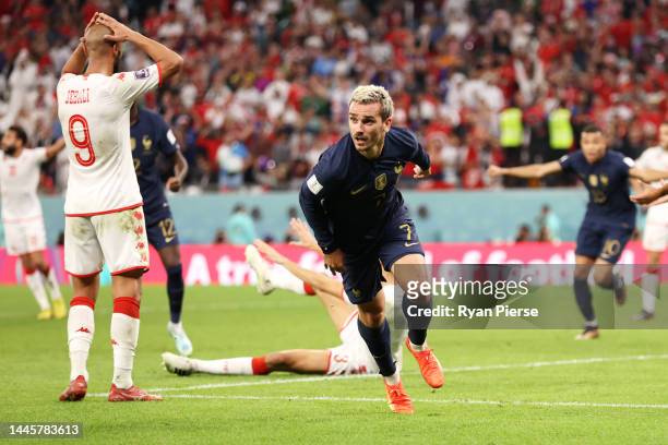 Antoine Griezmann of France celebrates after scoring their team's first goal during the FIFA World Cup Qatar 2022 Group D match between Tunisia and...