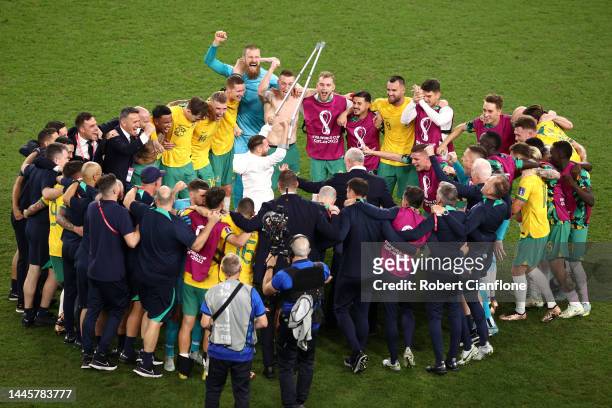 Australia players celebrate after the 1-0 win during the FIFA World Cup Qatar 2022 Group D match between Australia and Denmark at Al Janoub Stadium...