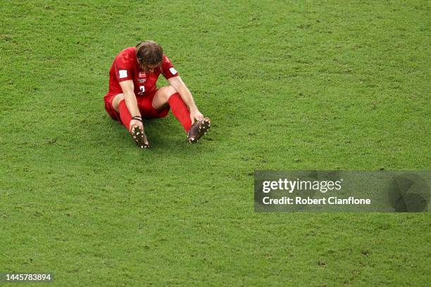 Joachim Andersen of Denmark shows dejection after the 0-1 defeat in the FIFA World Cup Qatar 2022 Group D match between Australia and Denmark at Al...