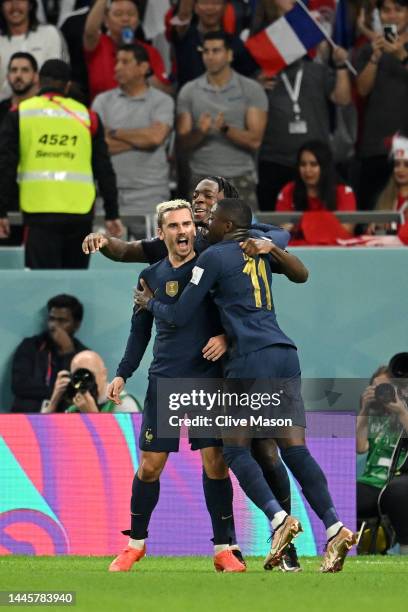 Antoine Griezmann of France celebrates with teammates after scoring a goal that was ruled offside after a Video Assistant Referee reviewduring the...