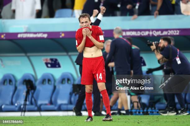 Mikkel Damsgaard of Denmark shows dejection after the 0-1 defeat in the FIFA World Cup Qatar 2022 Group D match between Australia and Denmark at Al...