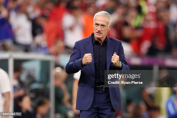 Didier Deschamps, Head Coach of France, reacts during the FIFA World Cup Qatar 2022 Group D match between Tunisia and France at Education City...