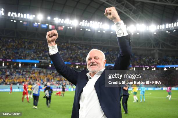 Graham Arnold, Head Coach of Australia celebrates after the 1-0 win during the FIFA World Cup Qatar 2022 Group D match between Australia and Denmark...