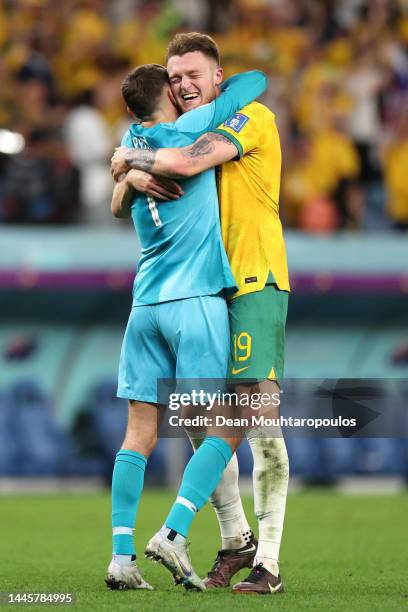 Harry Souttar and Mathew Ryan of Australia celebrate their 1-0 victory in during the FIFA World Cup Qatar 2022 Group D match between Australia and...