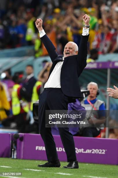 Graham Arnold, Head Coach of Australia, celebrates after the 1-0 victory in the FIFA World Cup Qatar 2022 Group D match between Australia and Denmark...