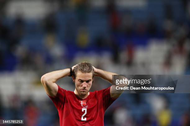 Joachim Andersen of Denmark reacts after the 0-1 loss during the FIFA World Cup Qatar 2022 Group D match between Australia and Denmark at Al Janoub...