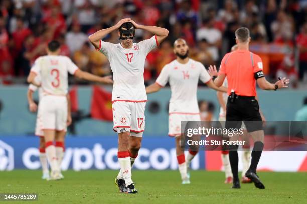 Ellyes Skhiri of Tunisia reacts during the FIFA World Cup Qatar 2022 Group D match between Tunisia and France at Education City Stadium on November...