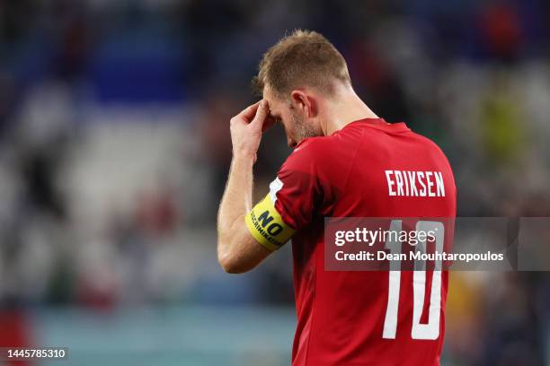 Christian Eriksen of Denmark reacts after the 0-1 win during the FIFA World Cup Qatar 2022 Group D match between Australia and Denmark at Al Janoub...