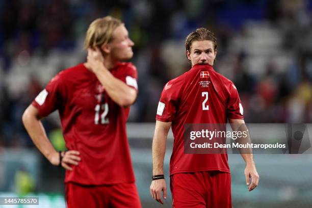Joachim Andersen of Denmark shows dejection after the 0-1 defeat in the FIFA World Cup Qatar 2022 Group D match between Australia and Denmark at Al...