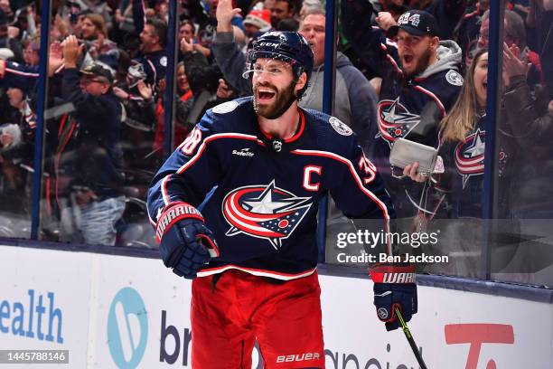 Boone Jenner of the Columbus Blue Jackets reacts after scoring a goal during the third period of a game against the Vegas Golden Knights at...