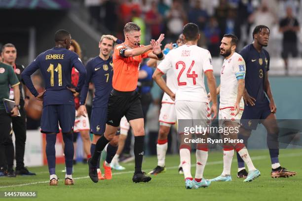 Referee Matthew Conger rules the goal by Antoine Griezmann of France offside after a Video Assistant Referee review during the FIFA World Cup Qatar...