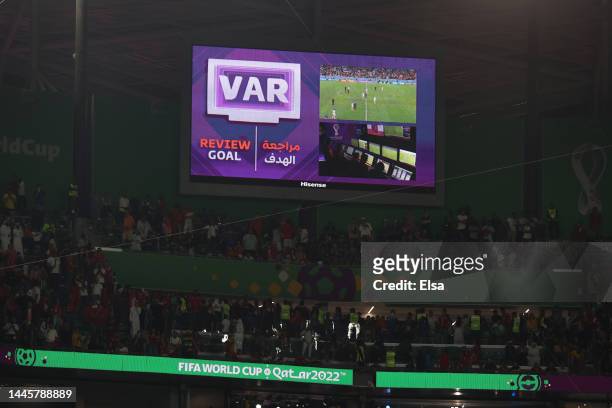 The LED board shows the VAR check which rules out a goal by Antoine Griezmann for offside during the FIFA World Cup Qatar 2022 Group D match between...