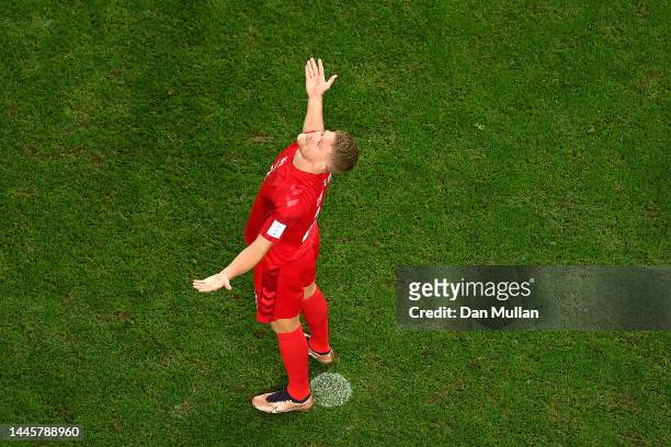 Andreas Cornelius of Denmark reacts after missing a chance during the FIFA World Cup Qatar 2022 Group D match between Australia and Denmark at Al...
