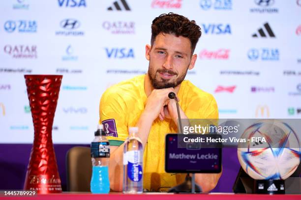 Mathew Leckie of Australia speaks in a post match press conference after the 1-0 win during the FIFA World Cup Qatar 2022 Group D match between...