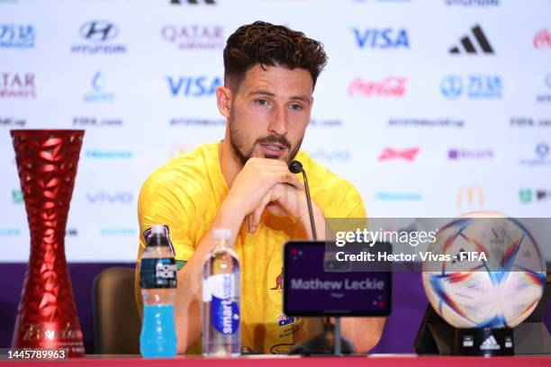 Mathew Leckie of Australia speaks in a post match press conference after the 1-0 win during the FIFA World Cup Qatar 2022 Group D match between...