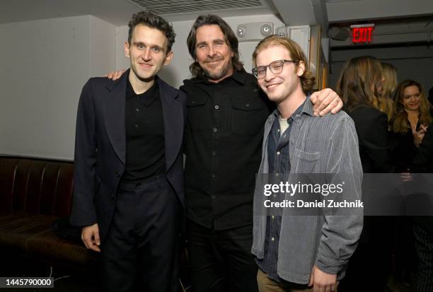 Harry Melling, Christian Bale and Fred Hechinger attend Netflix's The Pale Blue Eye New York Tastemaker Screening at The Metrograph on November 29,...