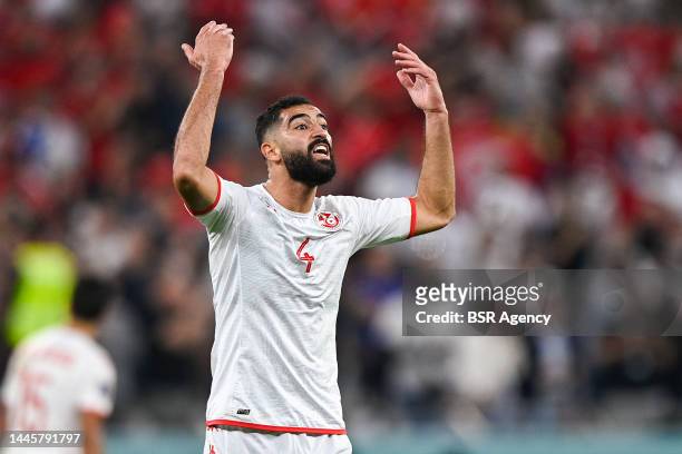 Yassine Meriah of Tunisia reacts during the Group D - FIFA World Cup Qatar 2022 match between Tunisia and France at the Education City Stadium on...