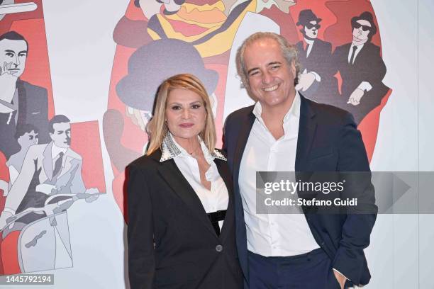 Simona Ventura and Giovanni Terzi attends the photocall before the press conference she wears clothing designed by Pinko at the 40th Turin Film...