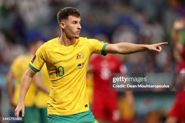 Ajdin Hrustic of Australia reacts during the FIFA World Cup Qatar 2022 Group D match between Australia and Denmark at Al Janoub Stadium on November...
