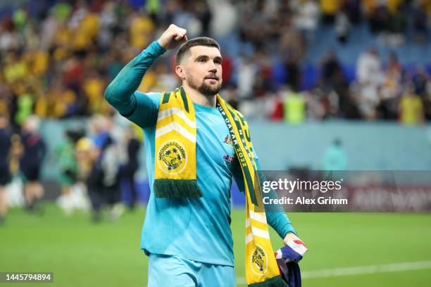 Mathew Ryan of Australia celebrates following the 1-0 victory after the FIFA World Cup Qatar 2022 Group D match between Australia and Denmark at Al...