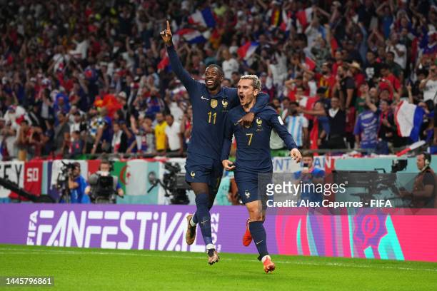Antoine Griezmann of France celebrates scoring a goal that is later disallowed with teammate Ousmane Dembele during the FIFA World Cup Qatar 2022...