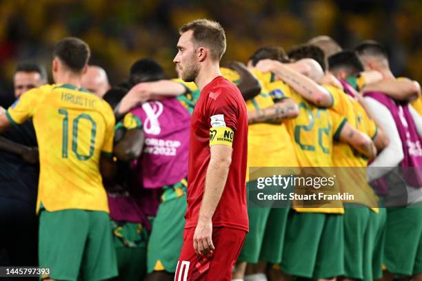 Christian Eriksen of Denmark shows dejection after the 0-1 defeat in the FIFA World Cup Qatar 2022 Group D match between Australia and Denmark at Al...