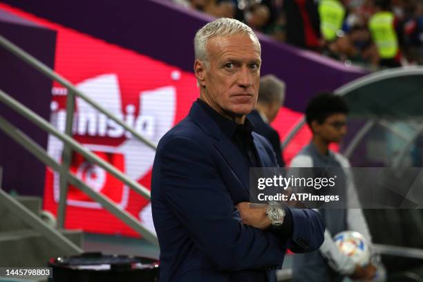 Didier Deschamps coach of France looks on during the FIFA World Cup Qatar 2022 Group D match between Tunisia and France at Education City Stadium on...