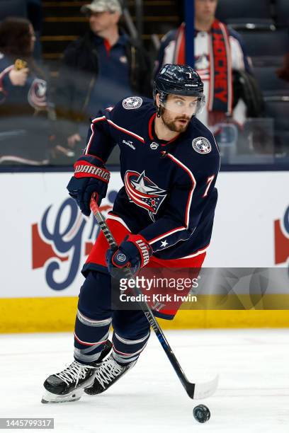 Sean Kuraly of the Columbus Blue Jackets warms up prior to the start of the game against the Vegas Golden Knights at Nationwide Arena on November 28,...