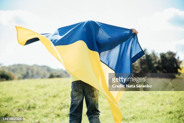 ukraines independence flag day. constitution day. ukrainian child boy in shirt with yellow and blue flag of ukraine in field. - ukrainian culture stock pictures, royalty-free photos & images