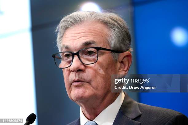 Chair of the U.S. Federal Reserve Jerome Powell speaks at the Brookings Institution, November 30, 2022 in Washington, DC. Powell discussed the...
