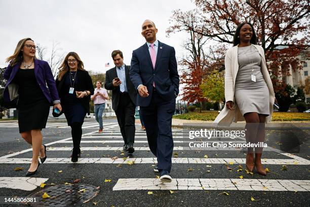 Rep. Hakeem Jeffries walks to the U.S. Capitol after he was elected House Democratic leader for the 118th Congress at the U.S. Capitol on November...