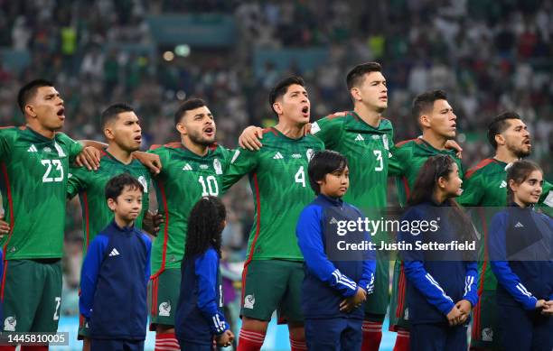 Mexico players line up for the national anthem prior to the FIFA World Cup Qatar 2022 Group C match between Saudi Arabia and Mexico at Lusail Stadium...