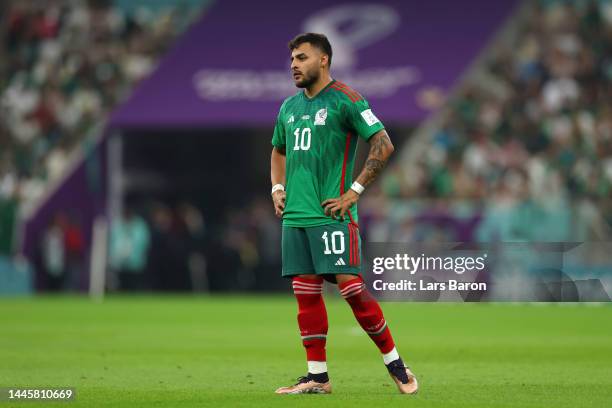 Alexis Vega of Mexico looks on during the FIFA World Cup Qatar 2022 Group C match between Saudi Arabia and Mexico at Lusail Stadium on November 30,...