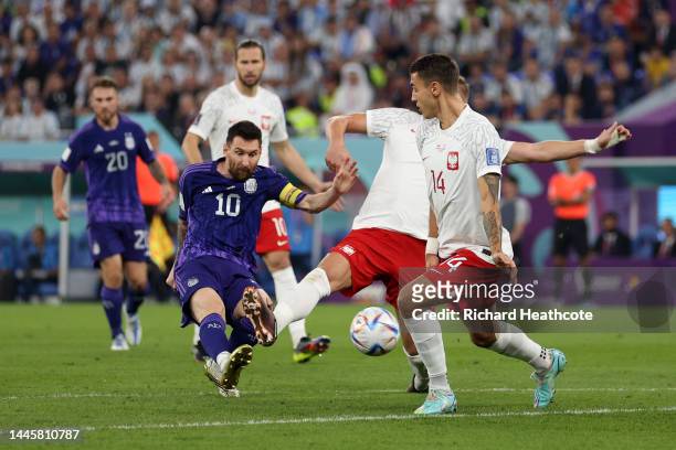 Lionel Messi of Argentina shoots during the FIFA World Cup Qatar 2022 Group C match between Poland and Argentina at Stadium 974 on November 30, 2022...
