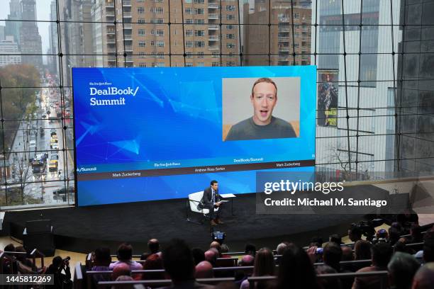 Andrew Ross Sorkin speaks with Meta CEO and founder Mark Zuckerberg during the New York Times DealBook Summit in the Appel Room at the Jazz At...